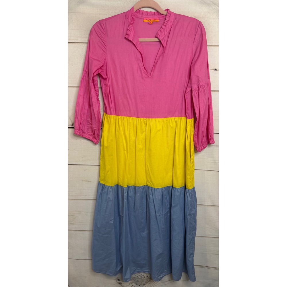 Vilagallo Colorblock Tiered Midi Dress Pink Yellow Blue Cotton Ruffle Neck 38
